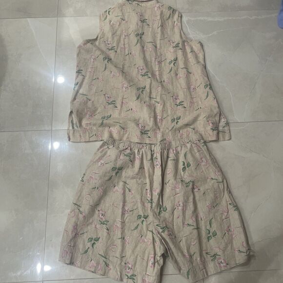 JR Bentley Plus Vintage Beige Floral Linen Shirt And Short Size 24 Set Women - Picture 8 of 9